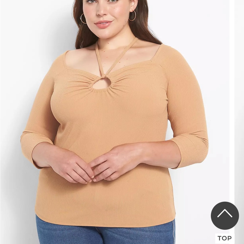 Lane Bryant Ribbed Knit Top 3/4 Sleeve Square Neck Keyhole in Camel 18/20
